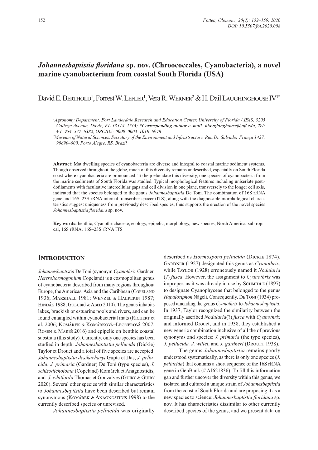 Johannesbaptistia Floridana Sp. Nov. (Chroococcales, Cyanobacteria), a Novel Marine Cyanobacterium from Coastal South Florida (USA)