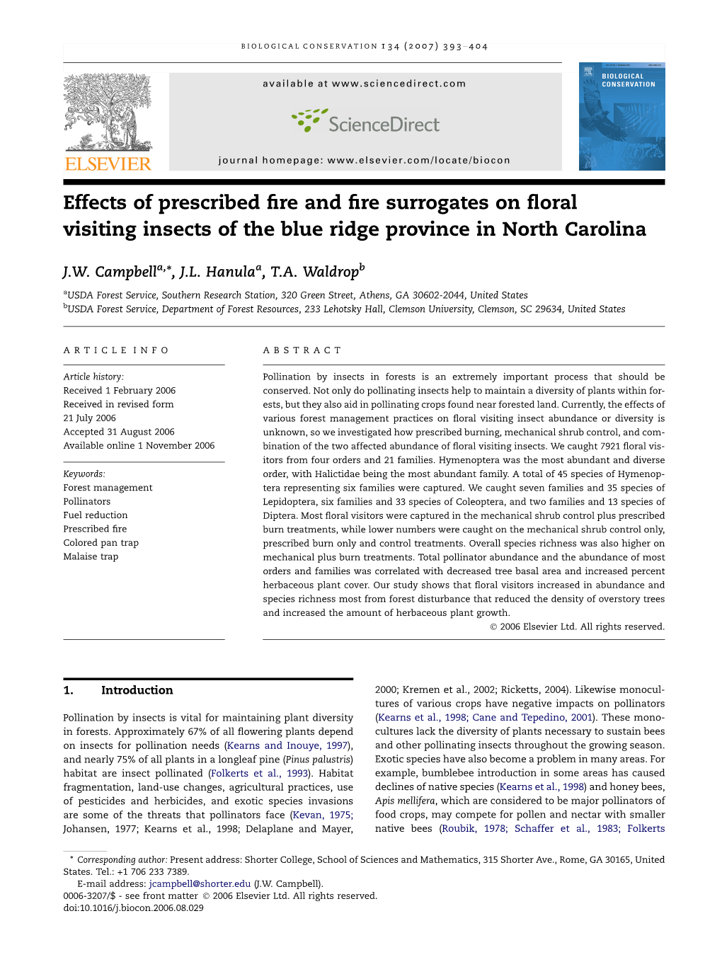 Effects of Prescribed Fire and Fire Surrogates on Floral Visiting Insects