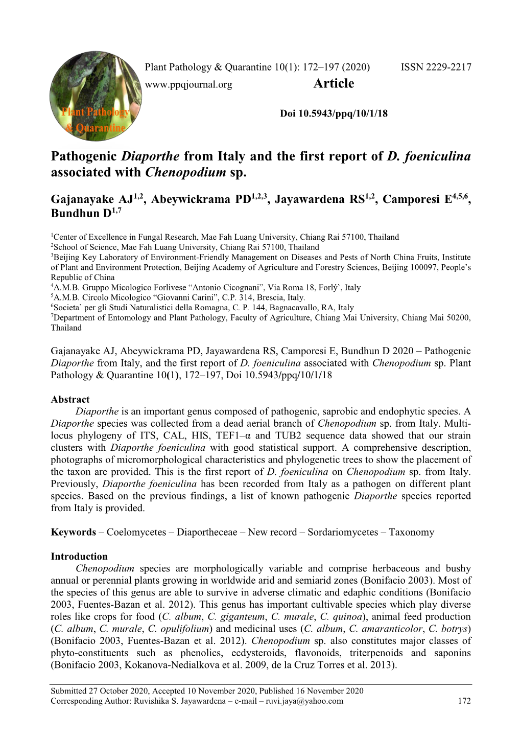 Pathogenic Diaporthe from Italy and the First Report of D. Foeniculina Associated with Chenopodium Sp