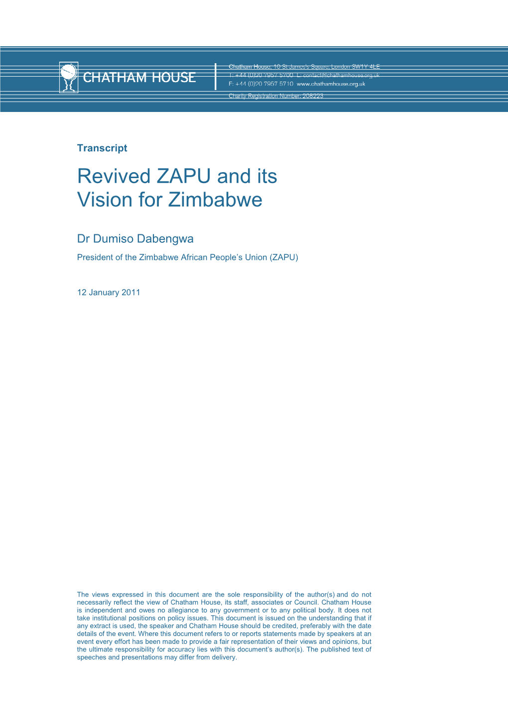 Revived ZAPU and Its Vision for Zimbabwe