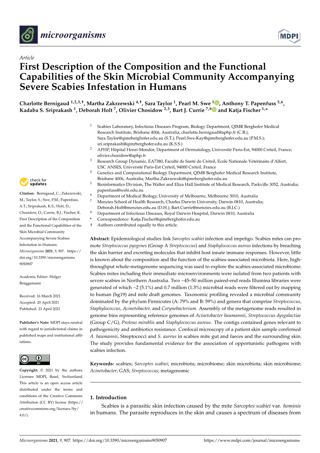 First Description of the Composition and the Functional Capabilities of the Skin Microbial Community Accompanying Severe Scabies Infestation in Humans