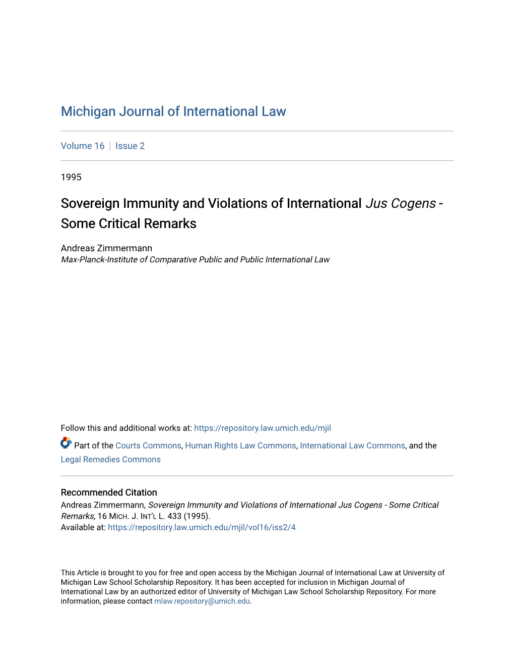 Sovereign Immunity and Violations of International <Em>Jus Cogens</Em