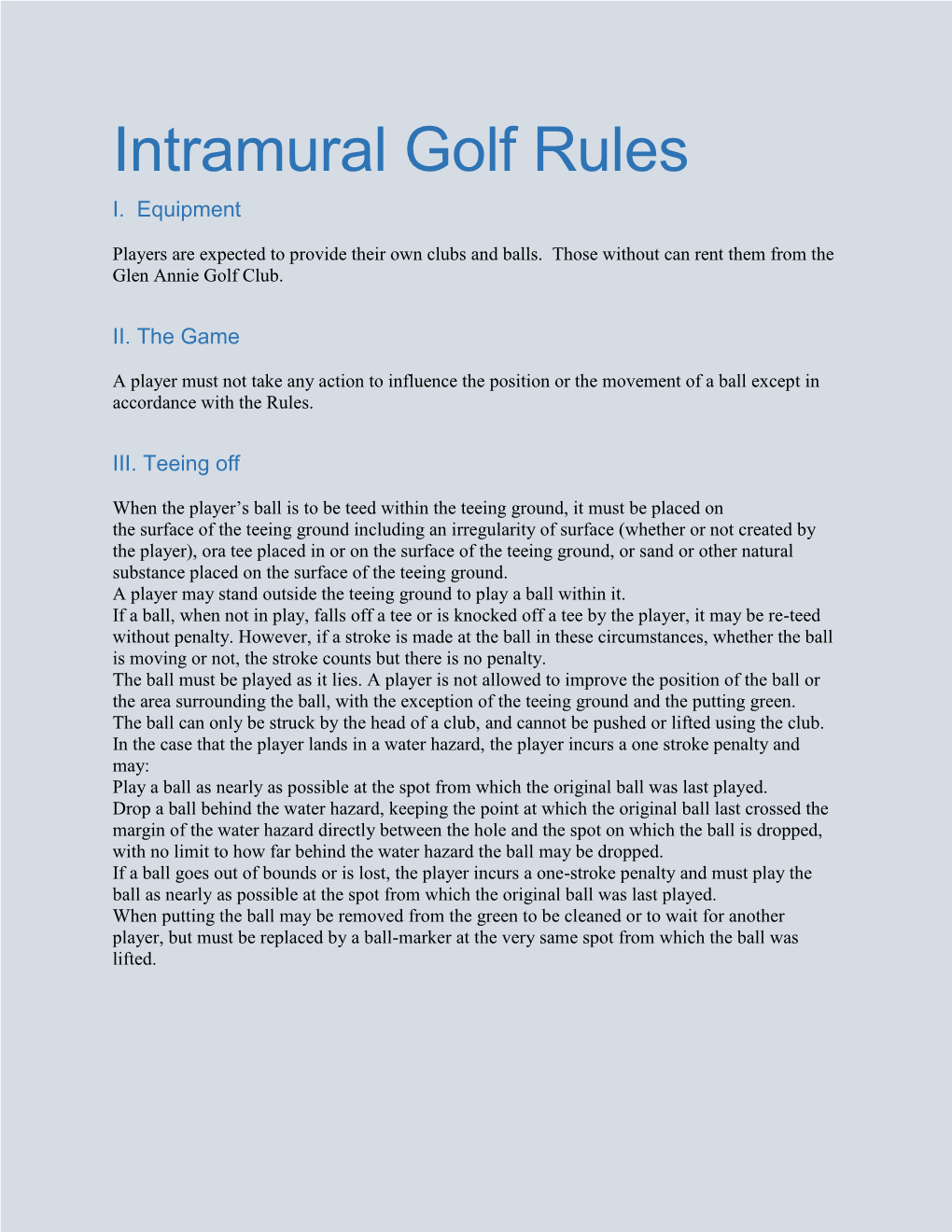 Intramural Golf Rules I