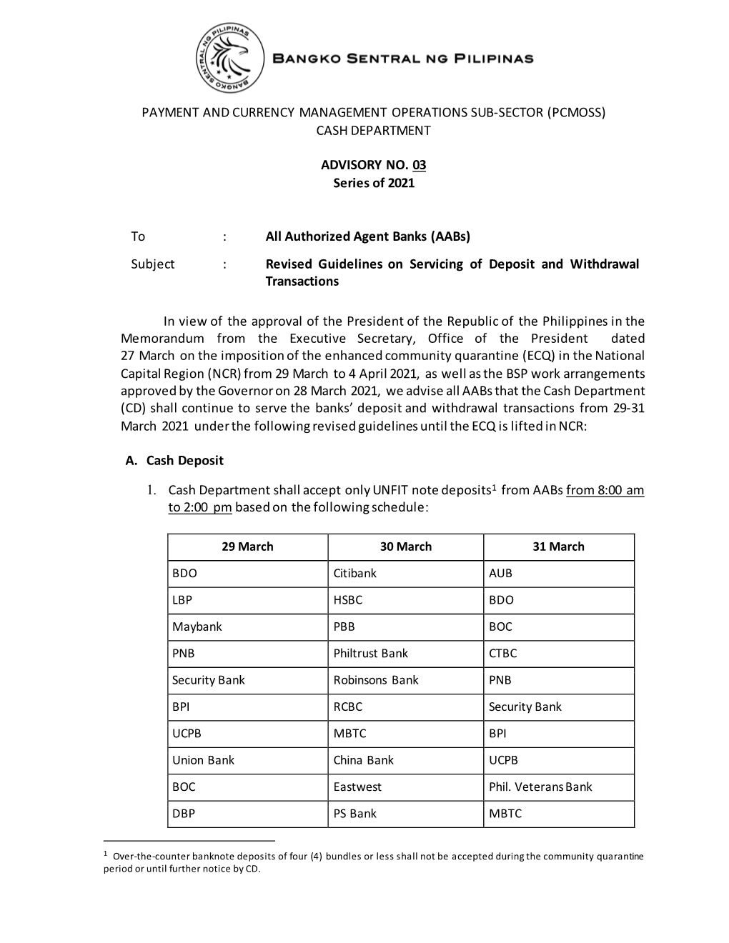 (PCMOSS) CASH DEPARTMENT ADVISORY NO. 03 Series of 2021 To