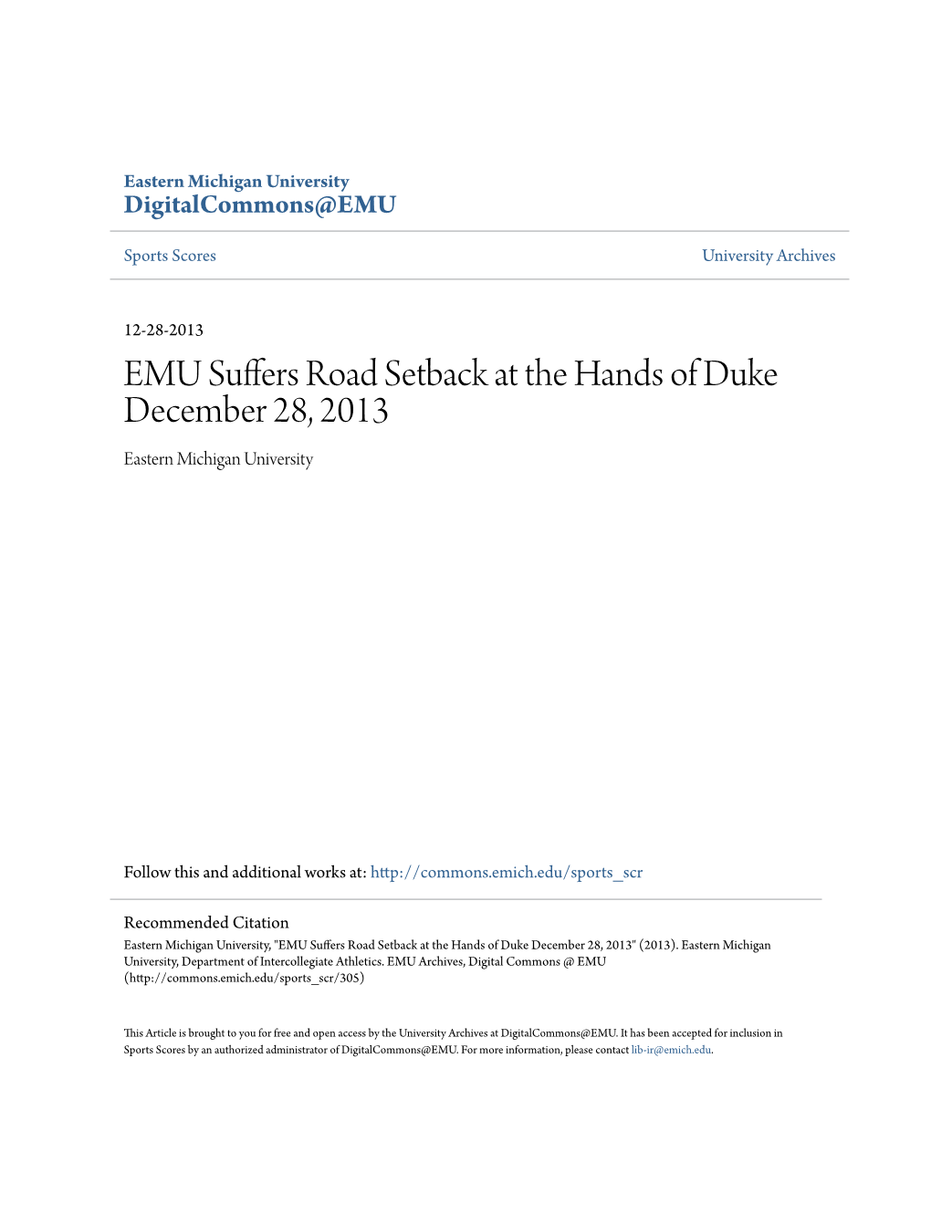 EMU Suffers Road Setback at the Hands of Duke December 28, 2013 Eastern Michigan University