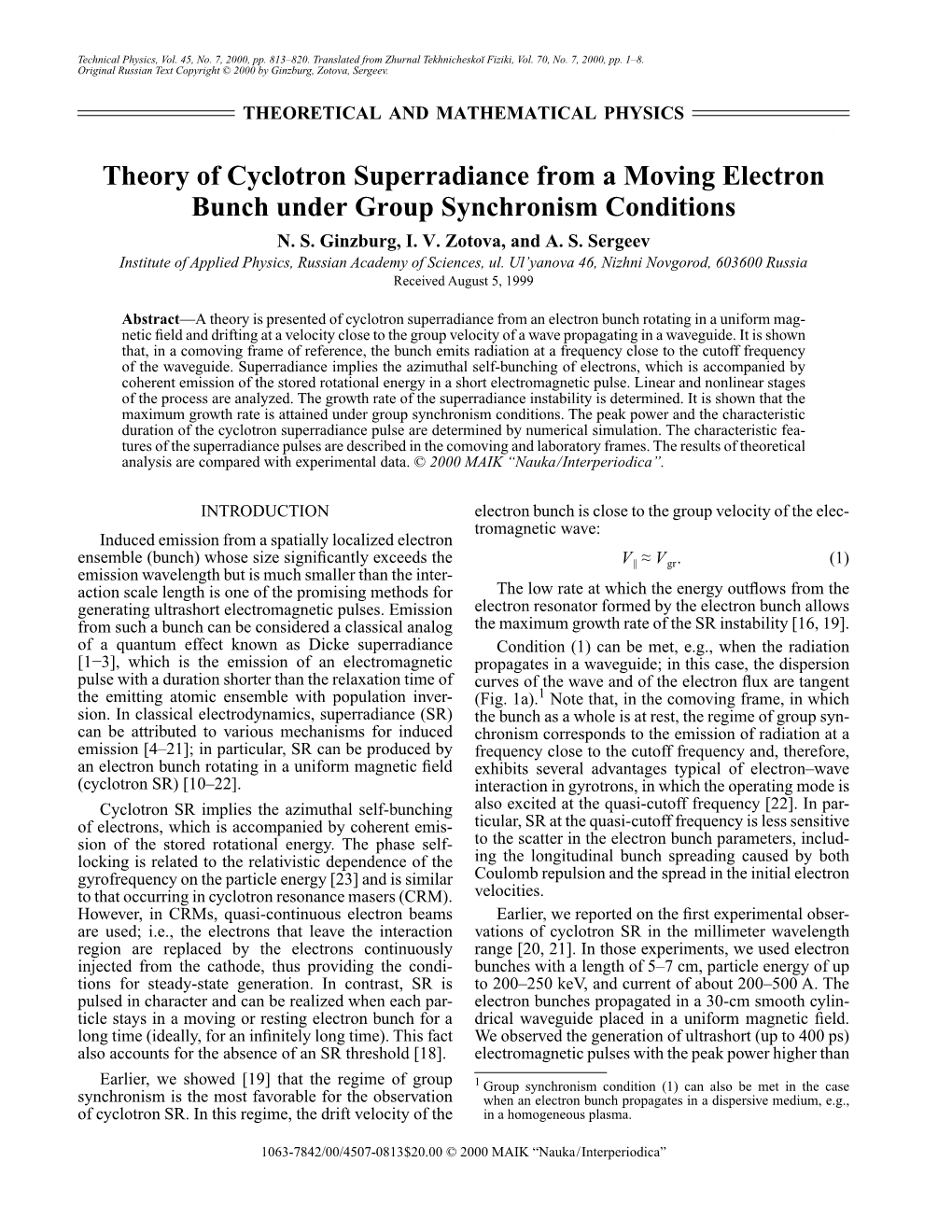 Theory of Cyclotron Superradiance from a Moving Electron Bunch Under Group Synchronism Conditions N