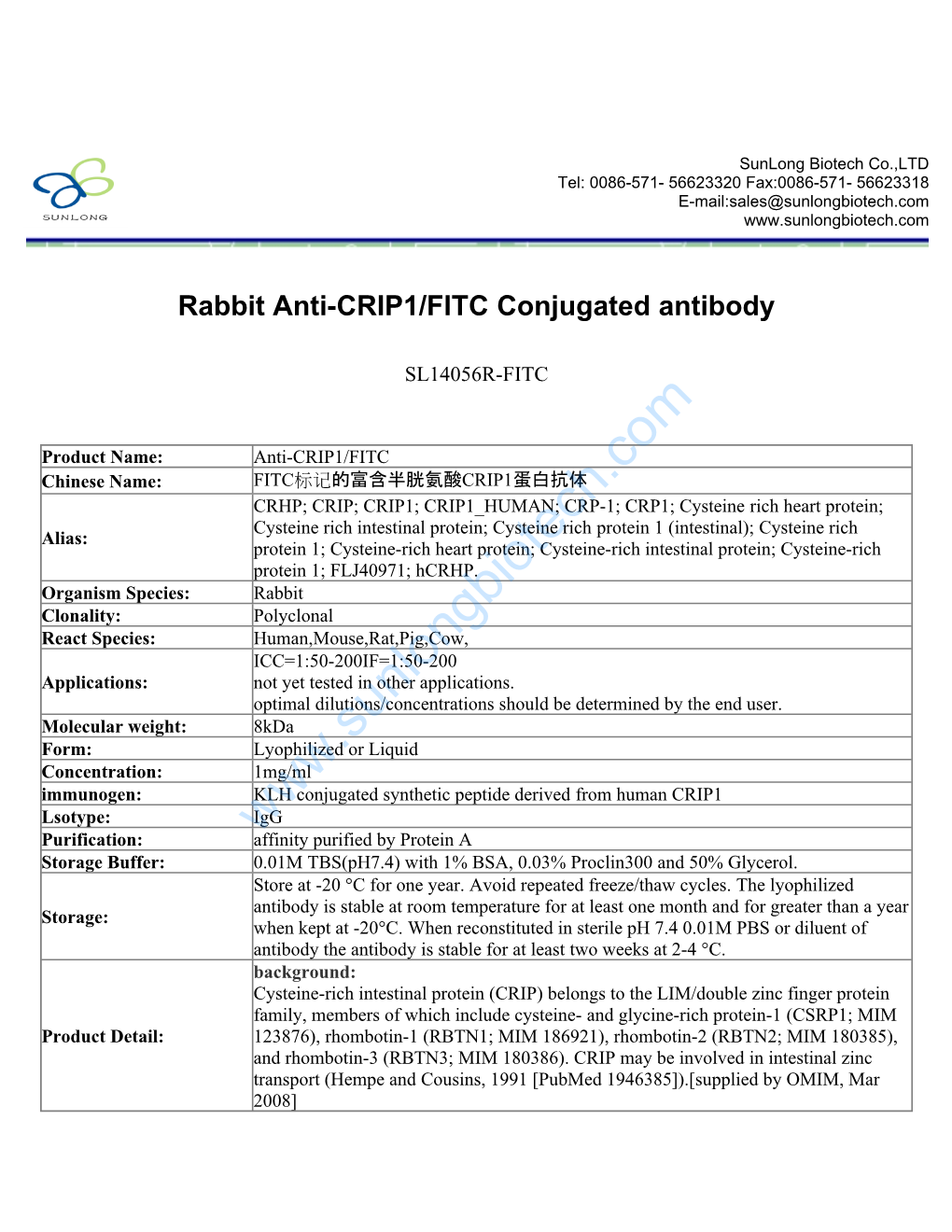 Rabbit Anti-CRIP1/FITC Conjugated Antibody-SL14056R-FITC