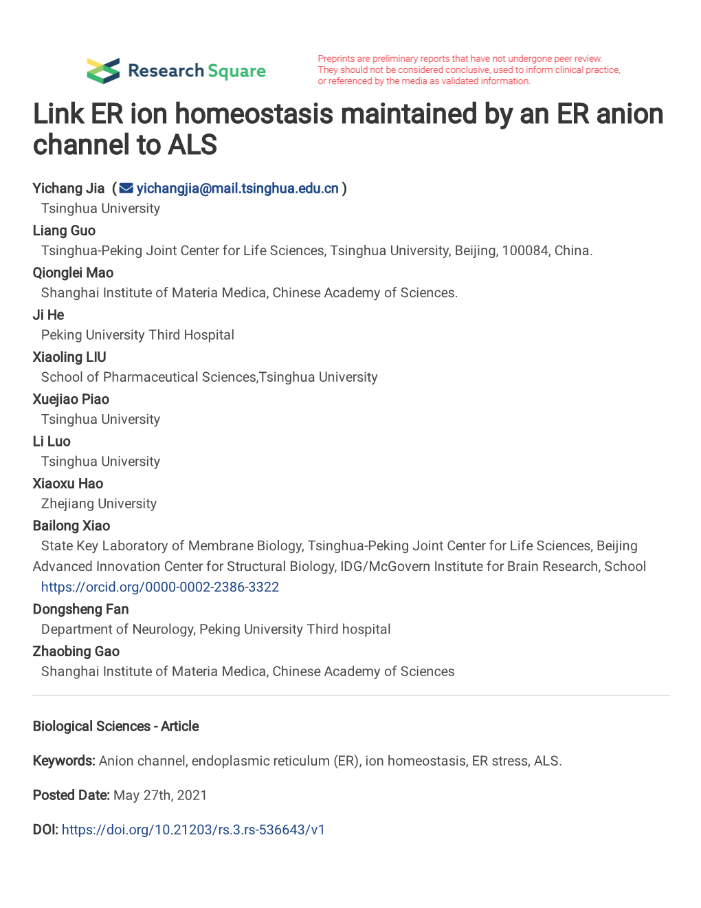 Link ER Ion Homeostasis Maintained by an ER Anion Channel to ALS