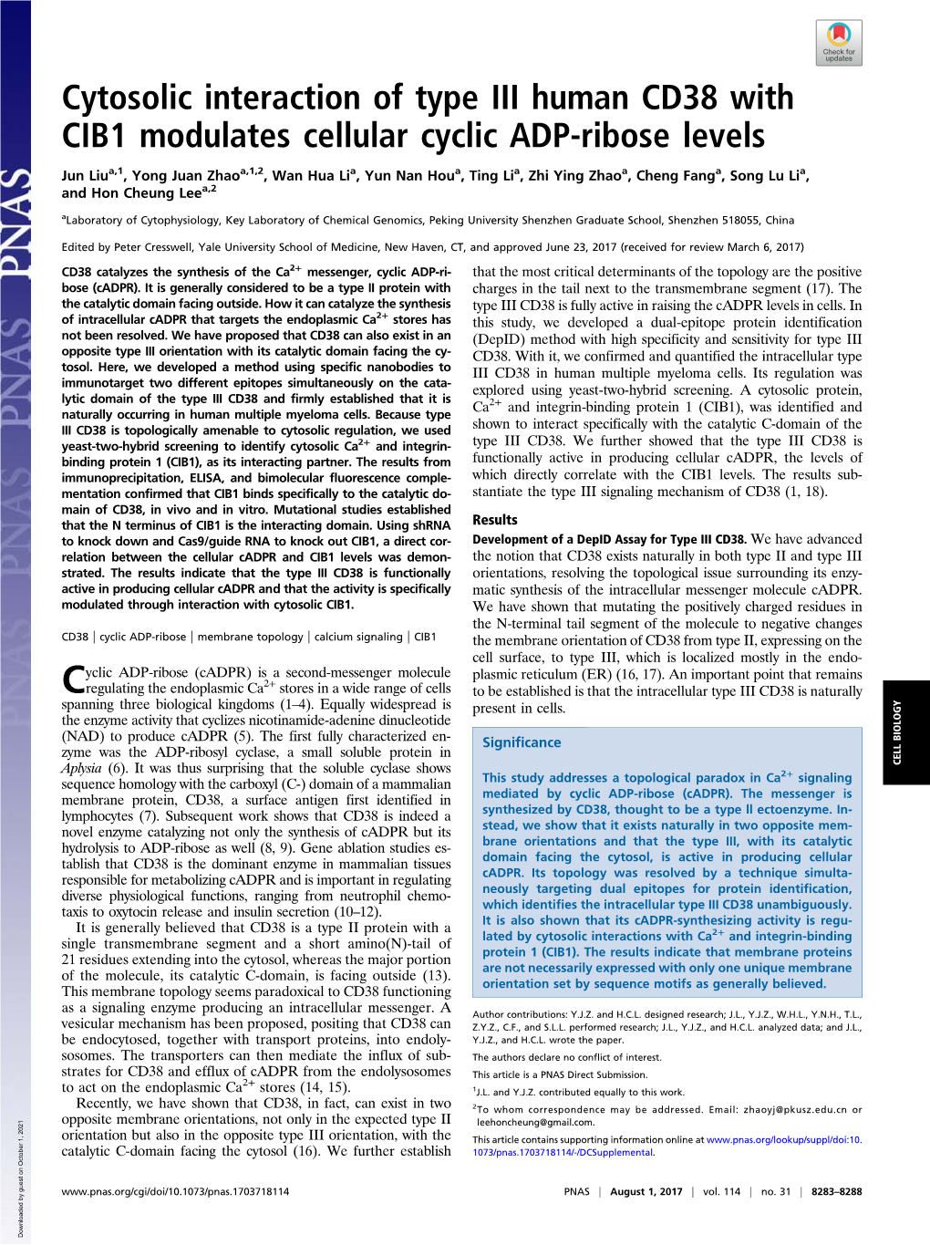 Cytosolic Interaction of Type III Human CD38 with CIB1 Modulates Cellular Cyclic ADP-Ribose Levels