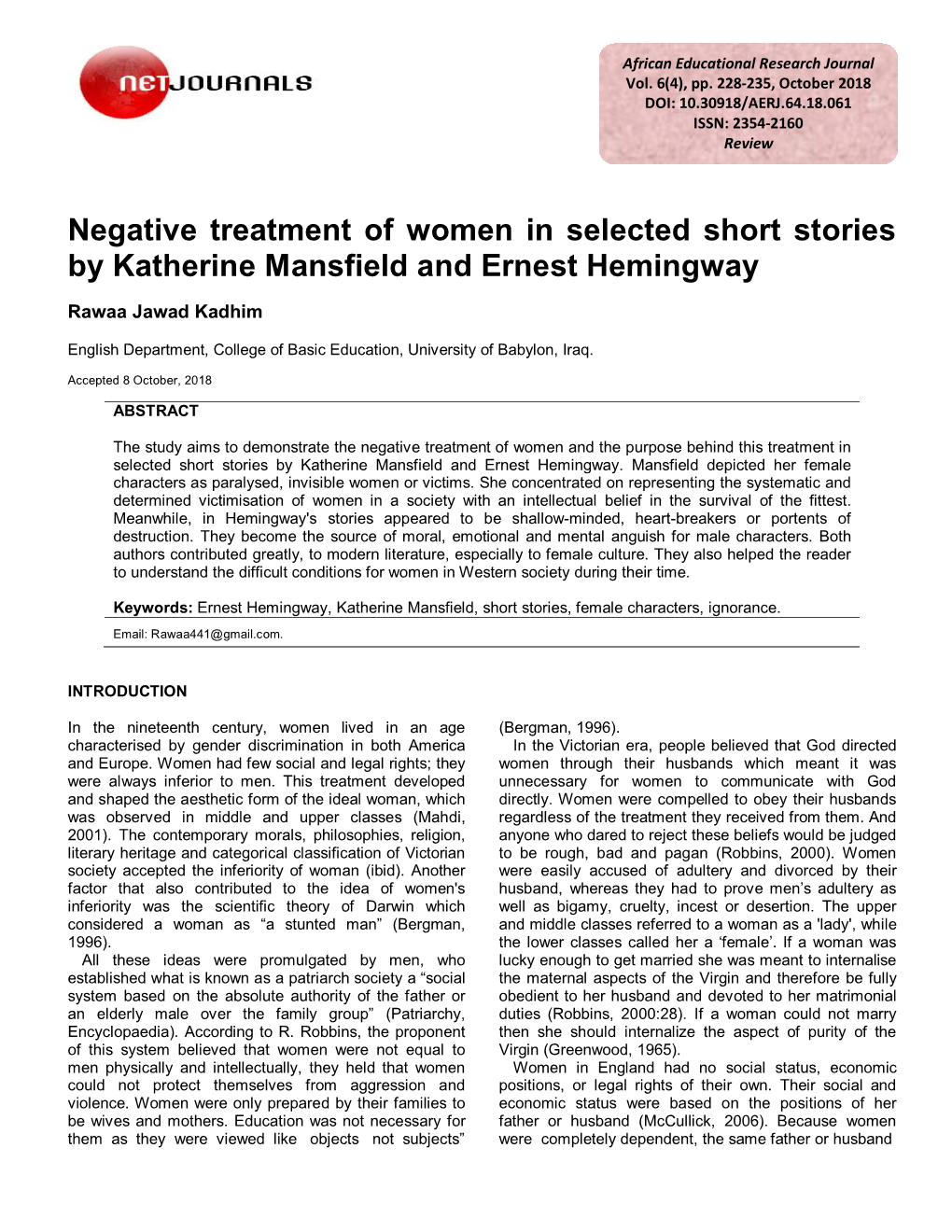 Negative Treatment of Women in Selected Short Stories by Katherine Mansfield and Ernest Hemingway