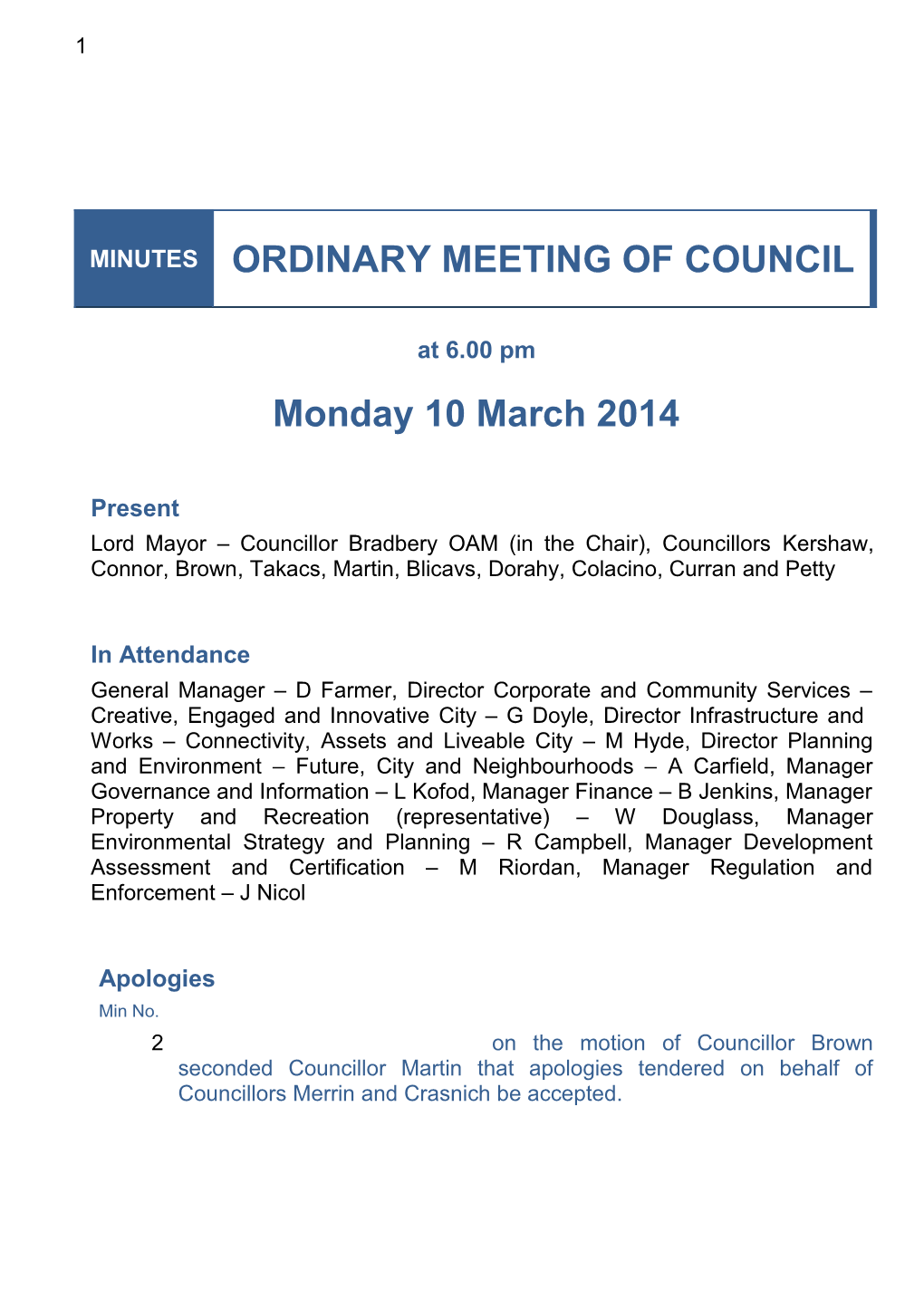 Minutes of Ordinary Meeting of Council - 10 March 2014