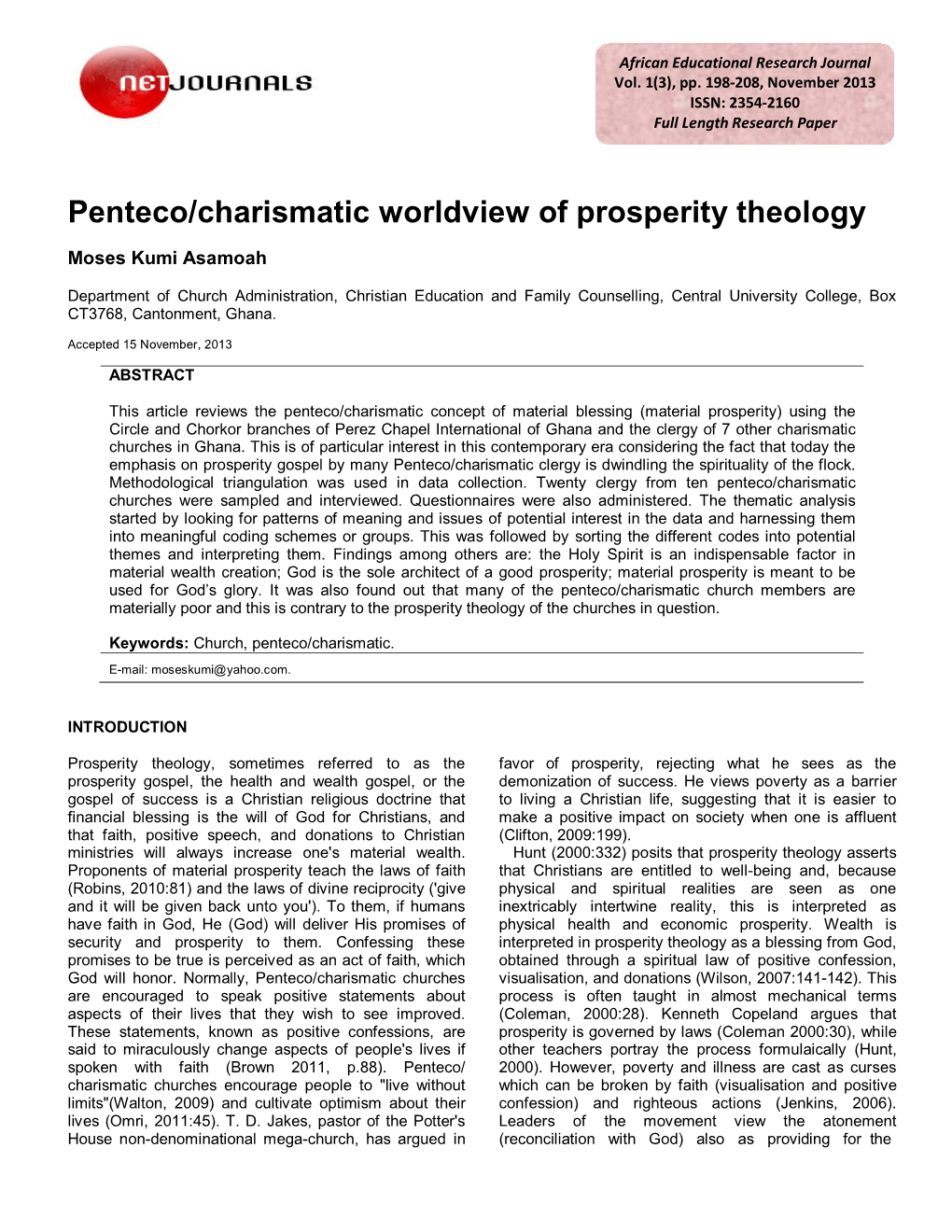 Penteco/Charismatic Worldview of Prosperity Theology