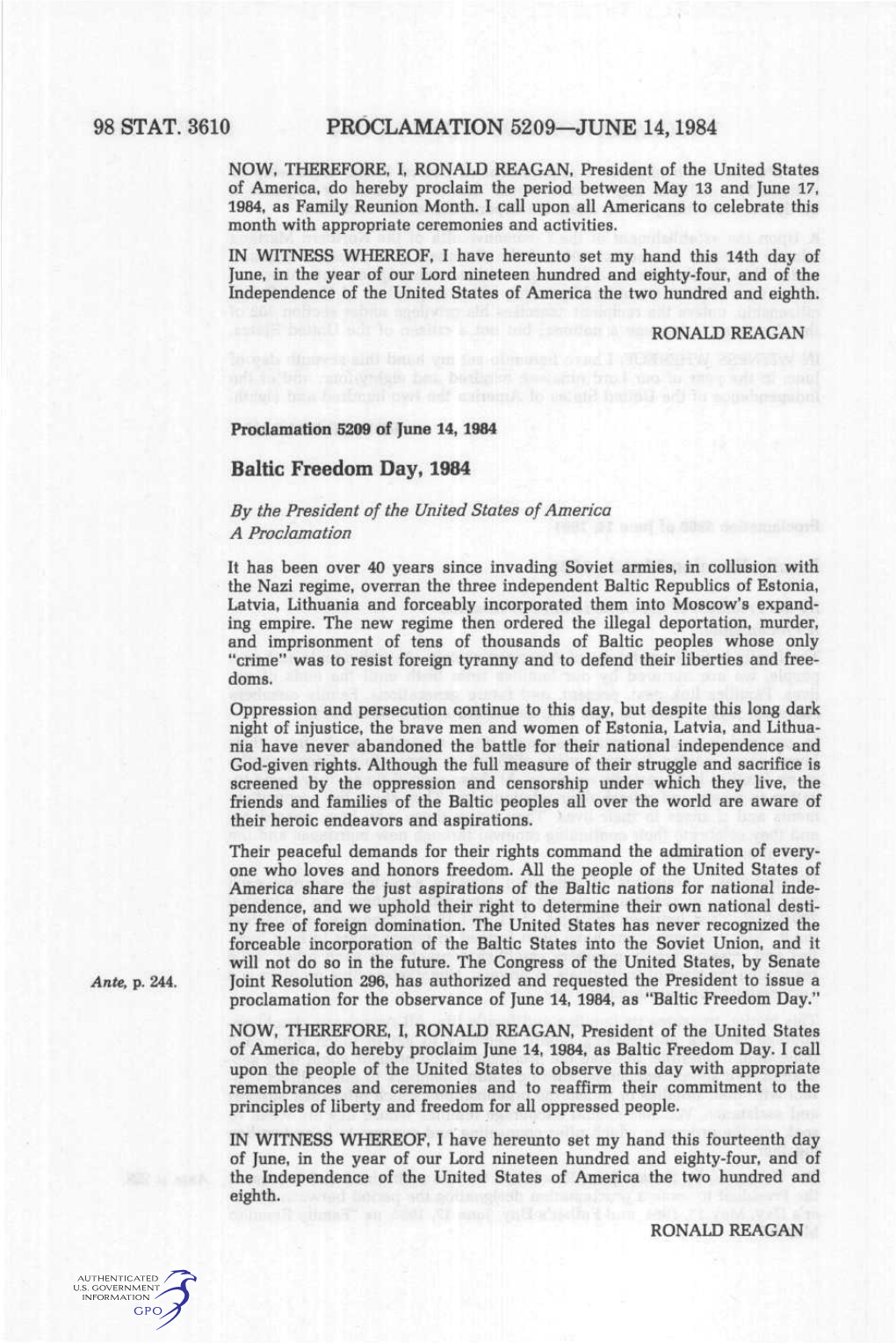 98 STAT. 3610 PROCLAMATION 5209—JUNE 14,1984 Baltic