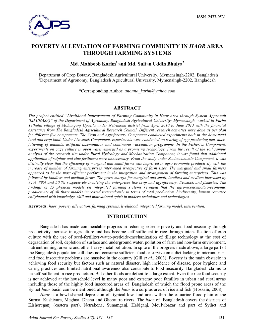 Poverty Alleviation of Farming Community in Haor Area Through Farming Systems