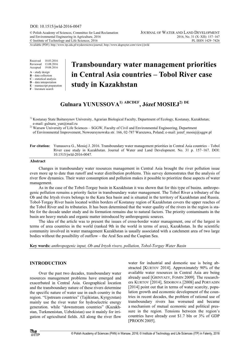 Transboundary Water Management Priorities in Central Asia Countries – Tobol River Case Study in Kazakhstan