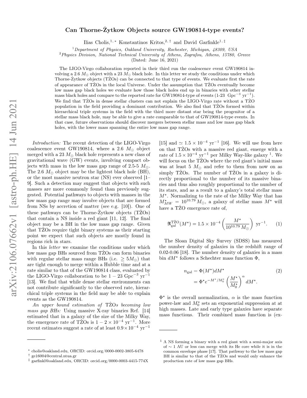 Arxiv:2106.07662V1 [Astro-Ph.HE] 14 Jun 2021 ? Events As the GW190814