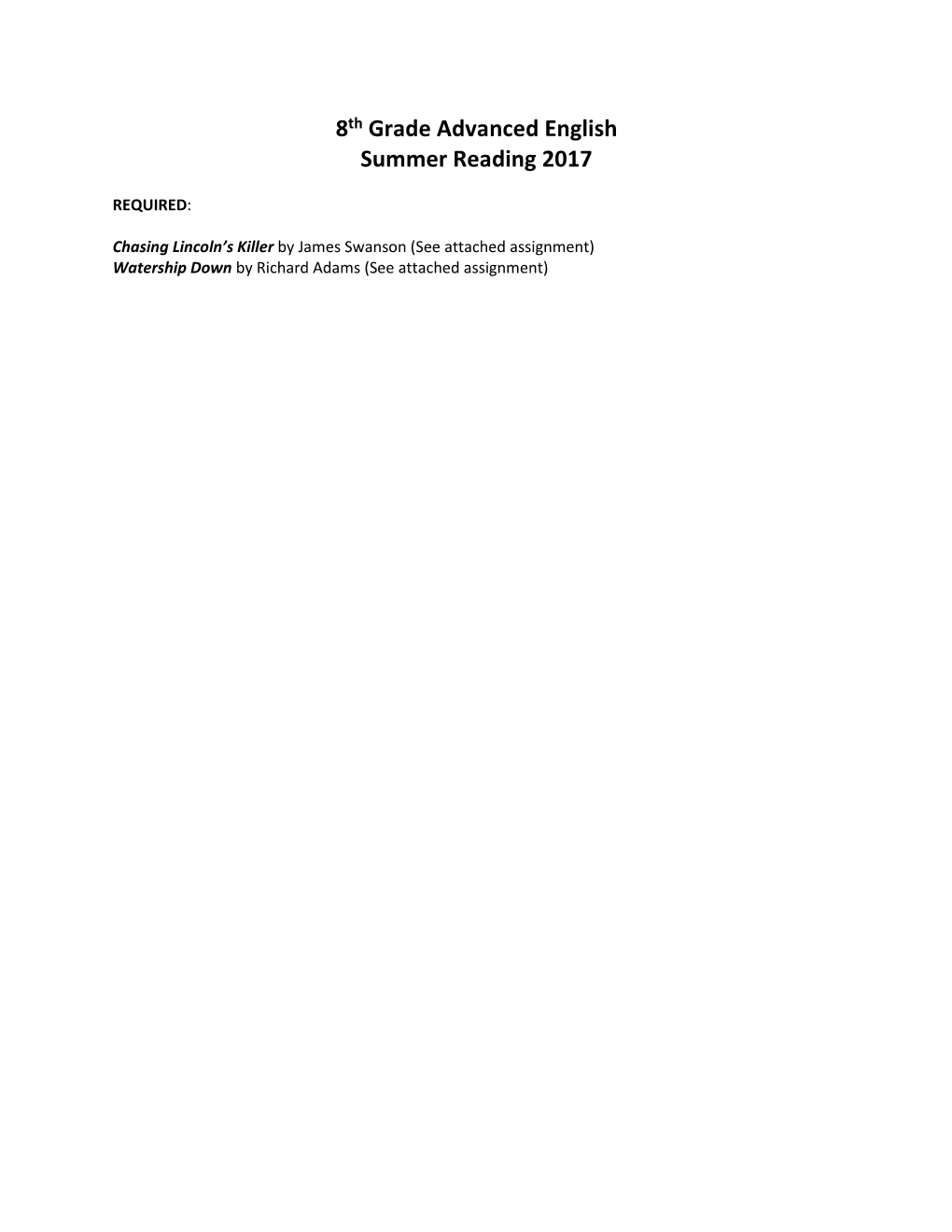 8Th Grade Advanced English Summer Reading 2017