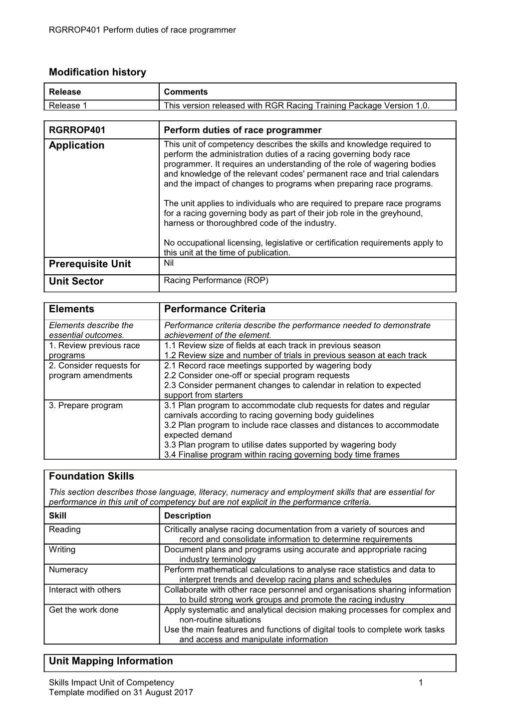 Skills Impact Unit of Competency Template