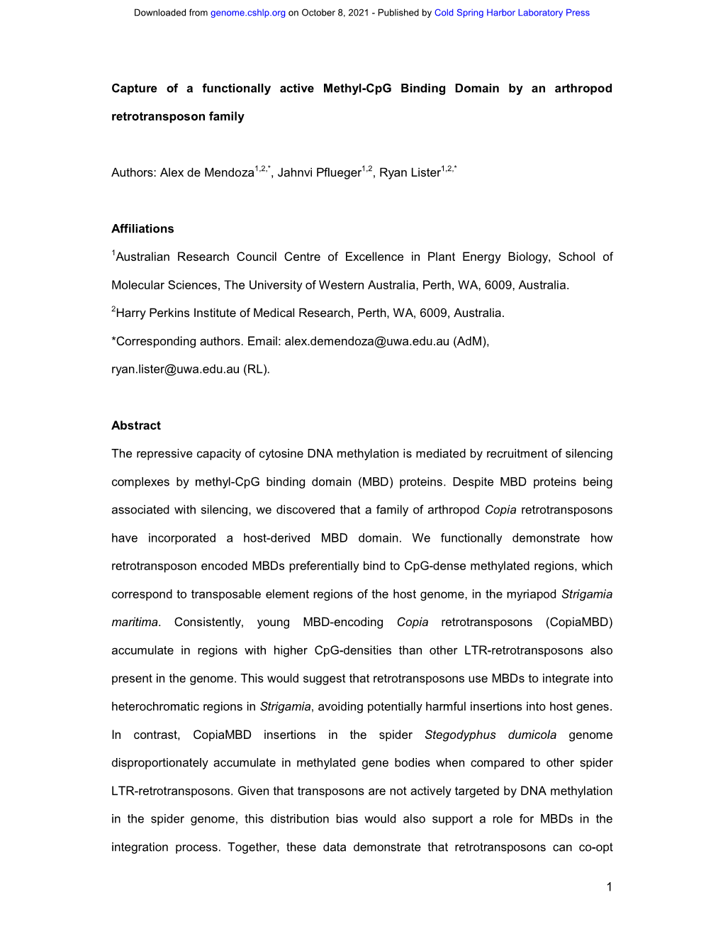 Capture of a Functionally Active Methyl-Cpg Binding Domain by an Arthropod Retrotransposon Family