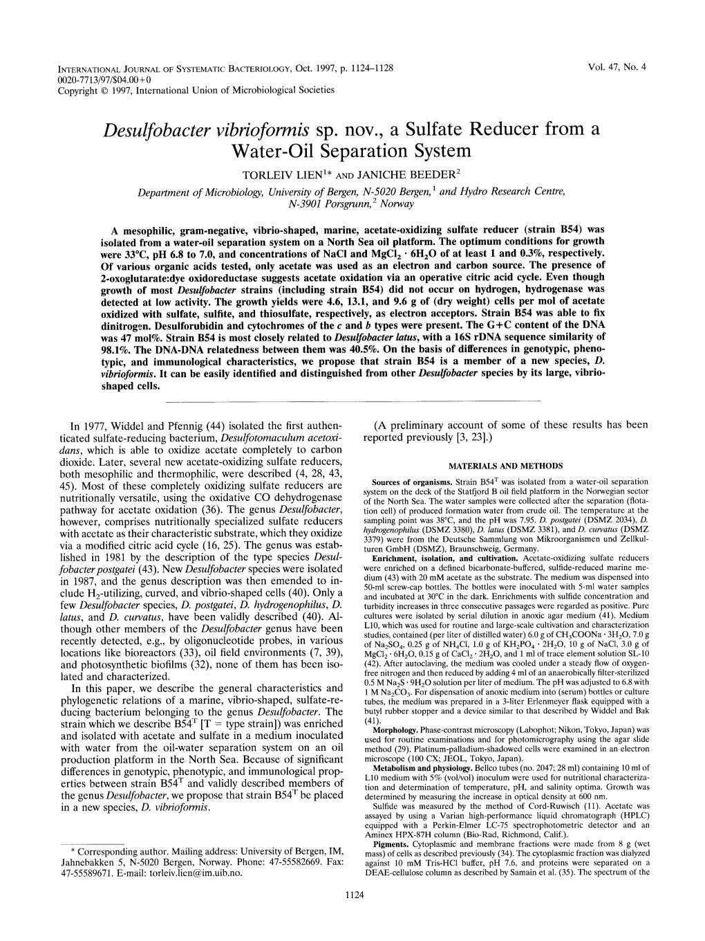 Desulfobacter Vibrioformis Sp. Nov., a Sulfate Reducer from a Water-Oil Separation System