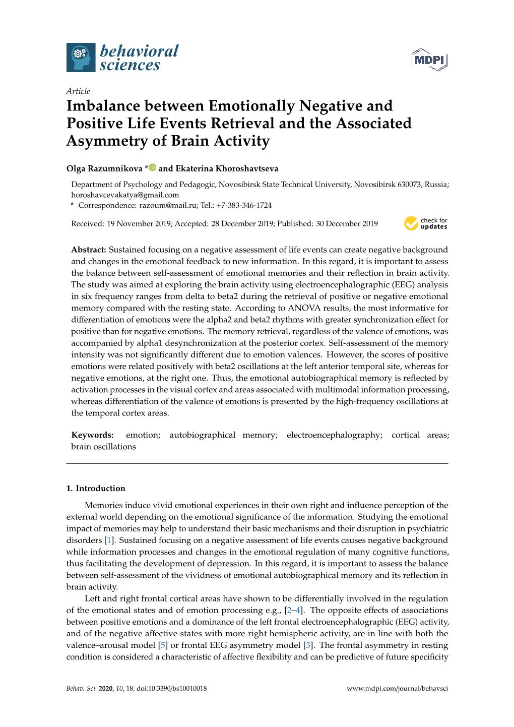 Imbalance Between Emotionally Negative and Positive Life Events Retrieval and the Associated Asymmetry of Brain Activity