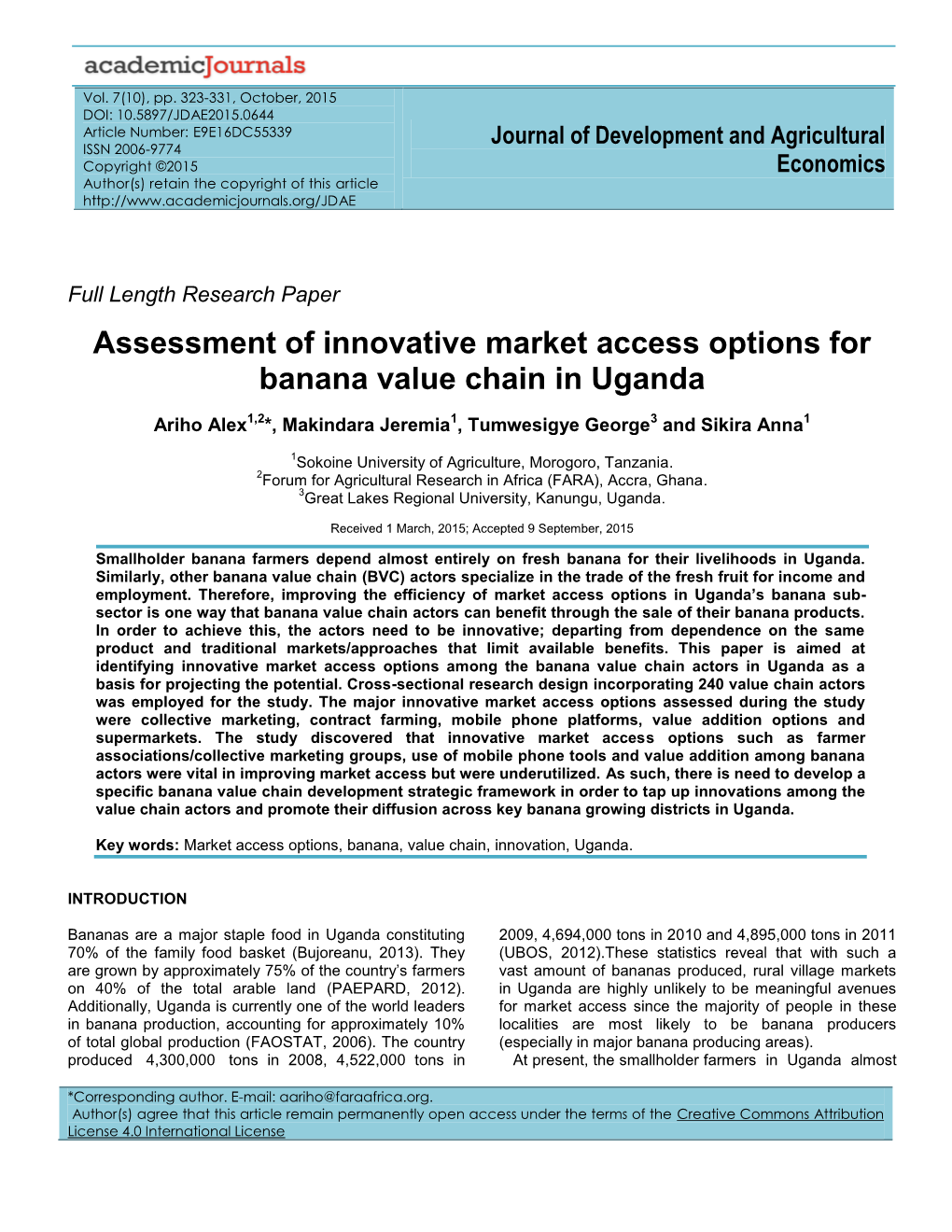 Assessment of Innovative Market Access Options for Banana Value Chain in Uganda