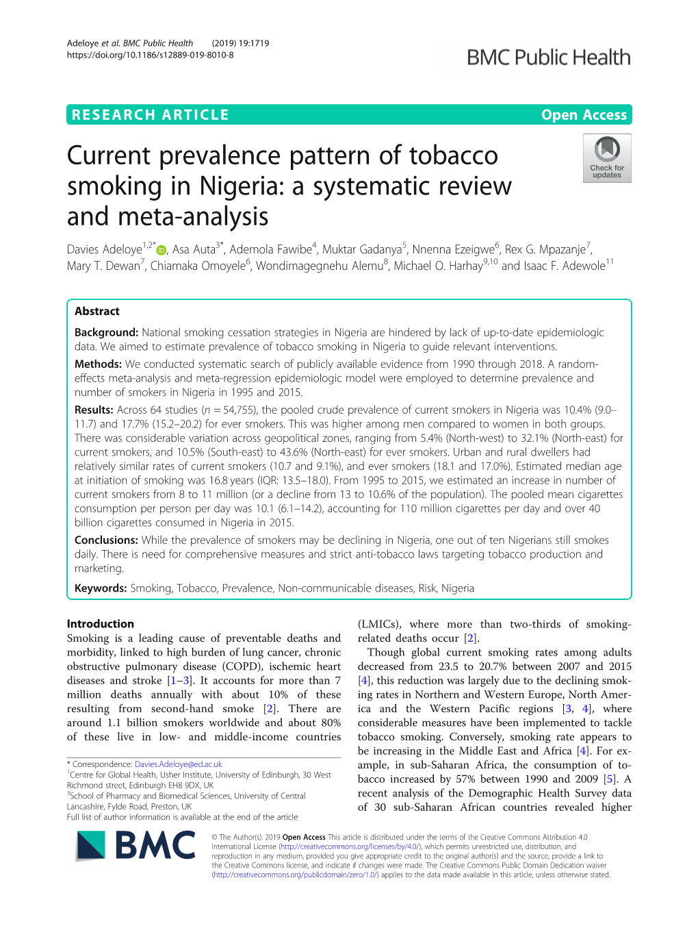 Current Prevalence Pattern of Tobacco Smoking in Nigeria