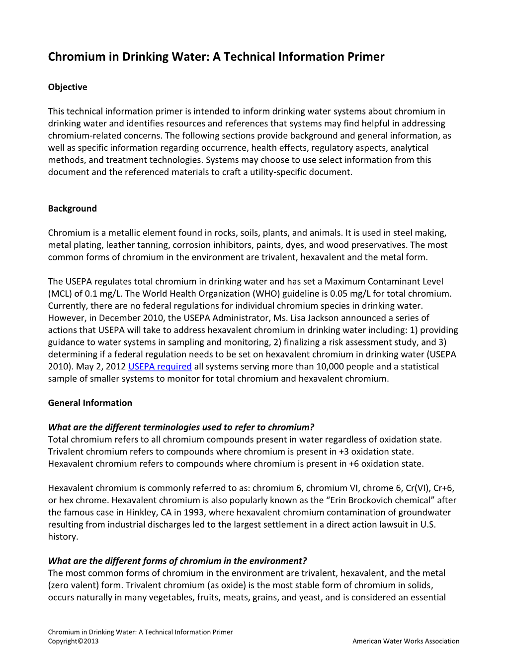 Chromium in Drinking Water: a Technical Information Primer