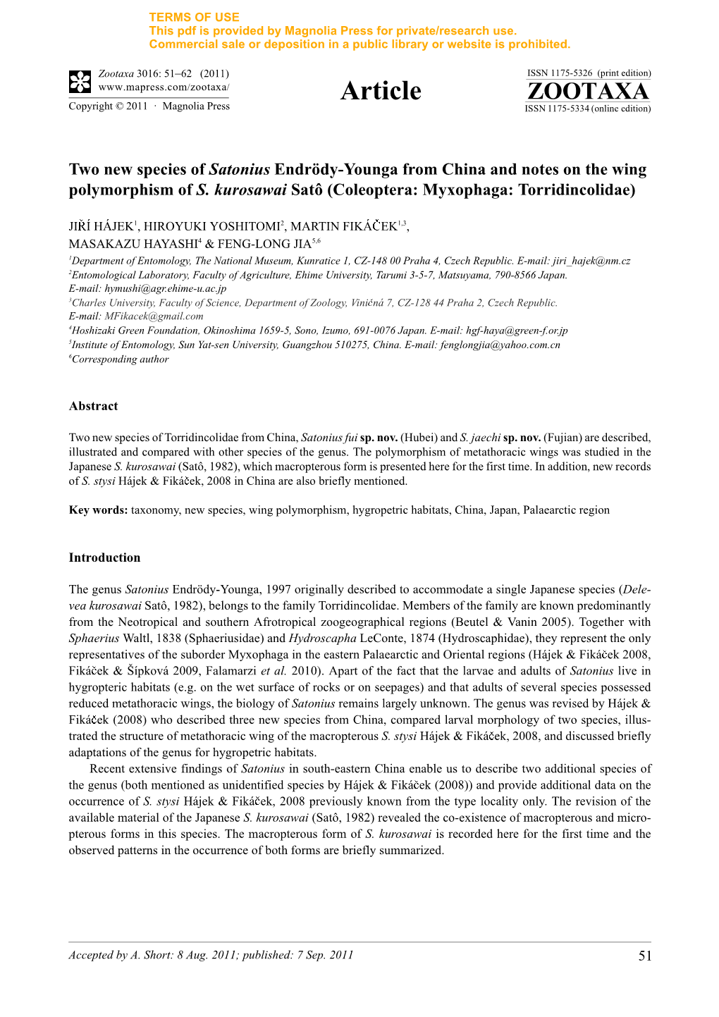 Two New Species of Satonius Endrödy-Younga from China and Notes on the Wing Polymorphism of S