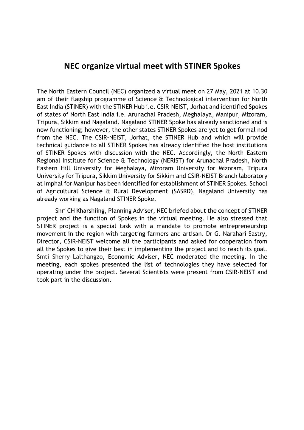 NEC Organize Virtual Meet with STINER Spokes