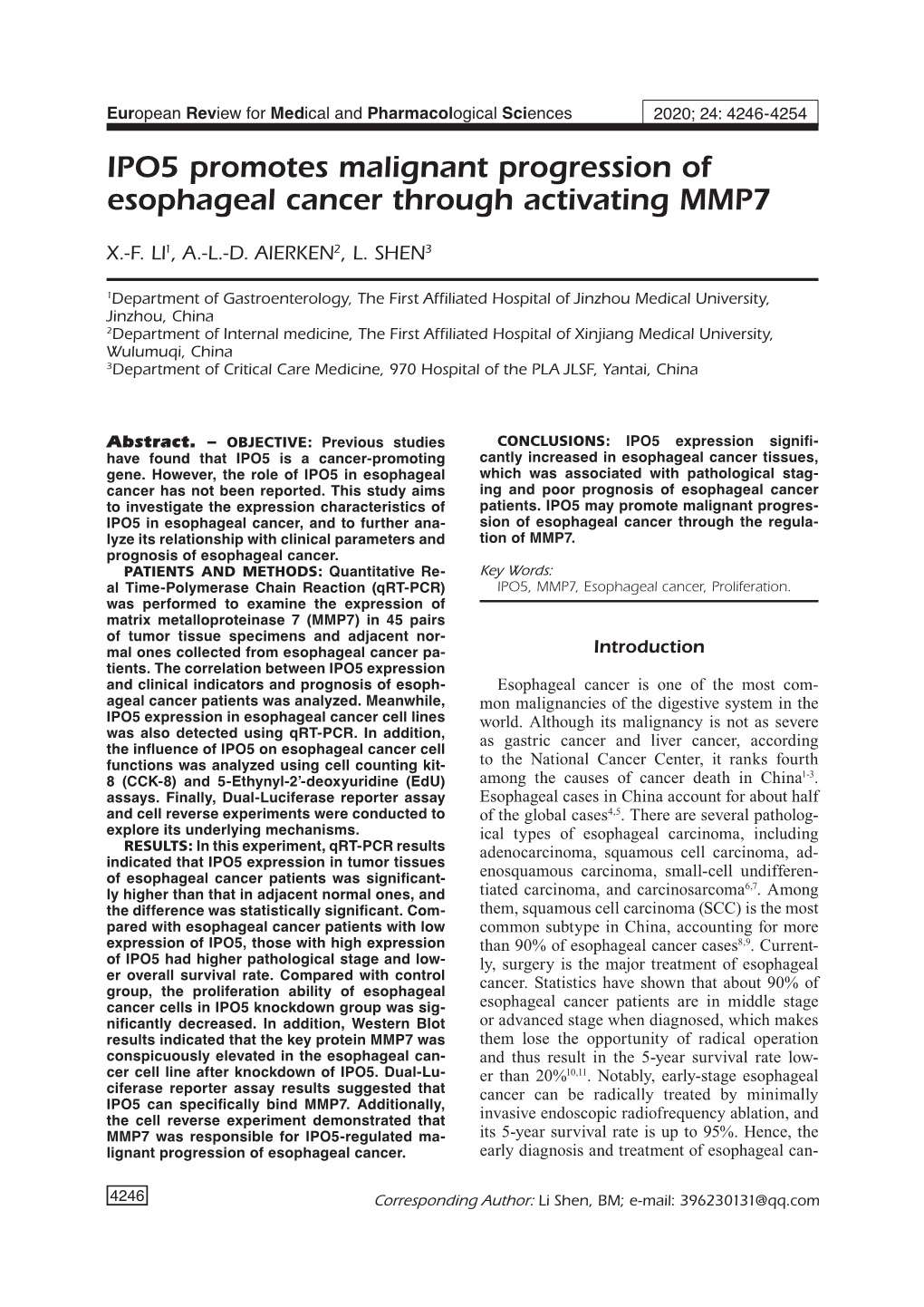 IPO5 Promotes Malignant Progression of Esophageal Cancer Through Activating MMP7