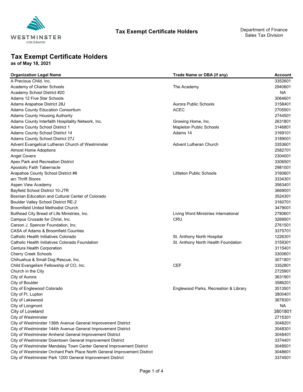 Tax Exempt Certificate Holders Department of Finance Sales Tax Division