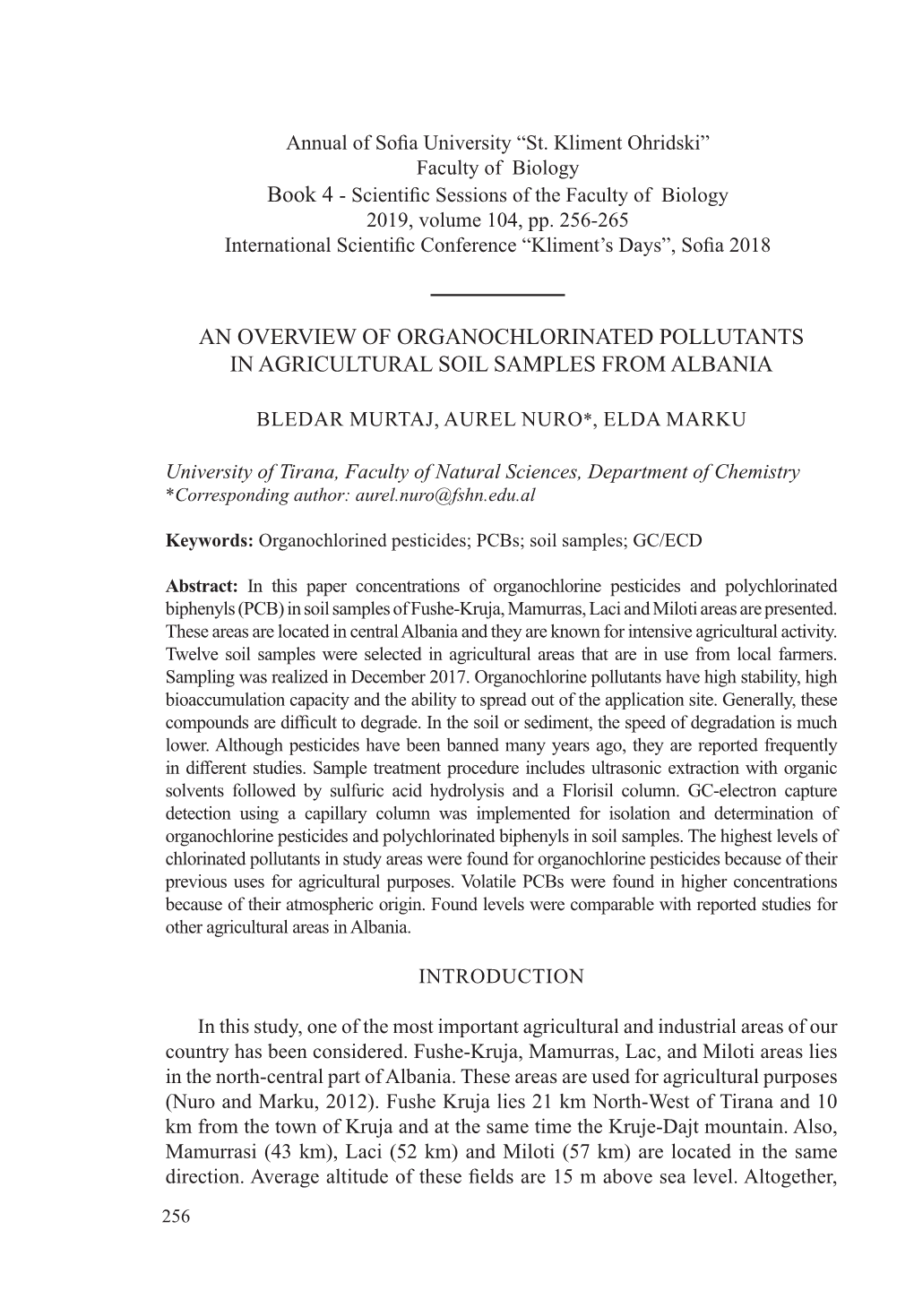 An Overview of Organochlorinated Pollutants in Agricultural Soil Samples from Albania