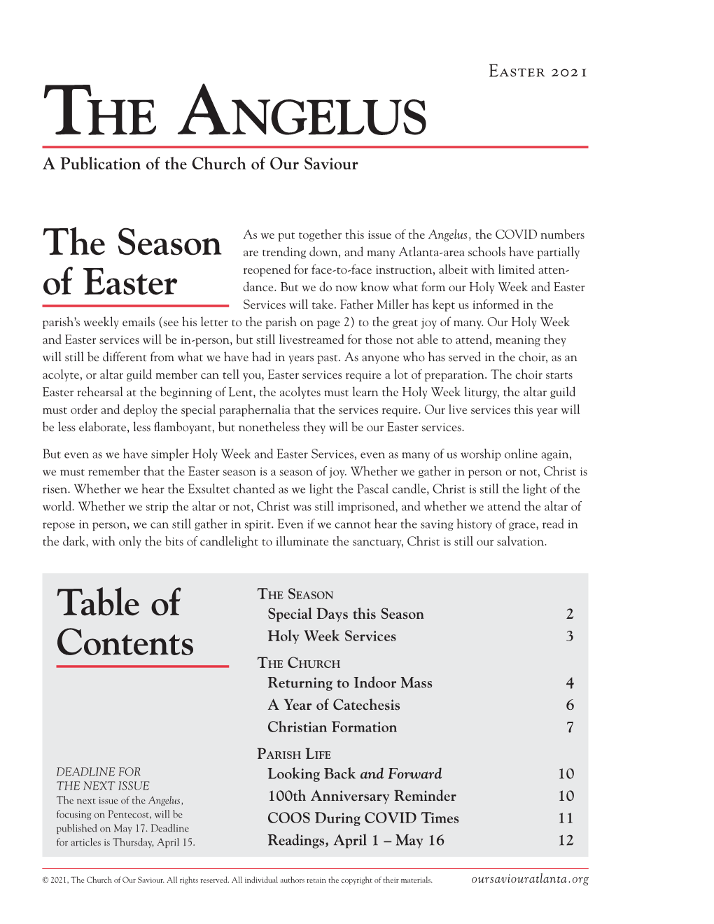 The Angelus a Publication of the Church of Our Saviour