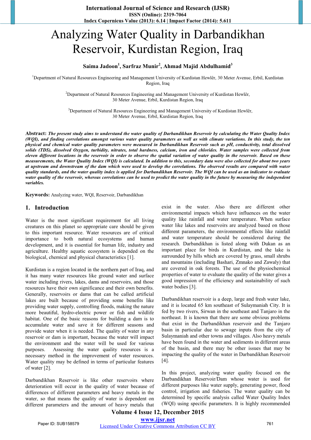 Analyzing Water Quality in Darbandikhan Reservoir, Kurdistan Region, Iraq