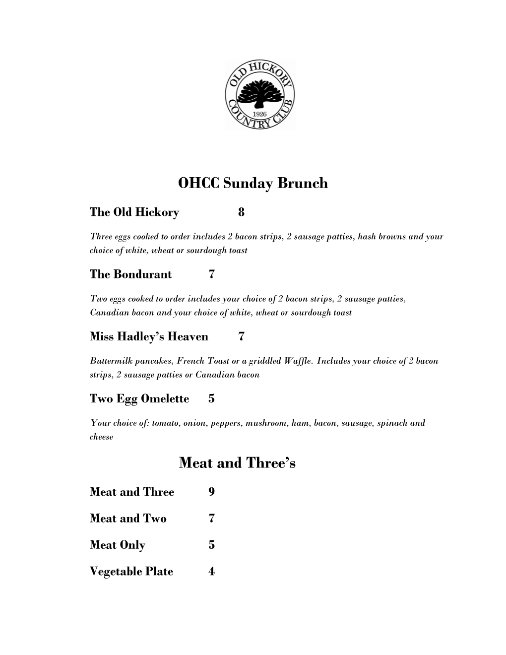 OHCC Sunday Brunch Meat and Three's