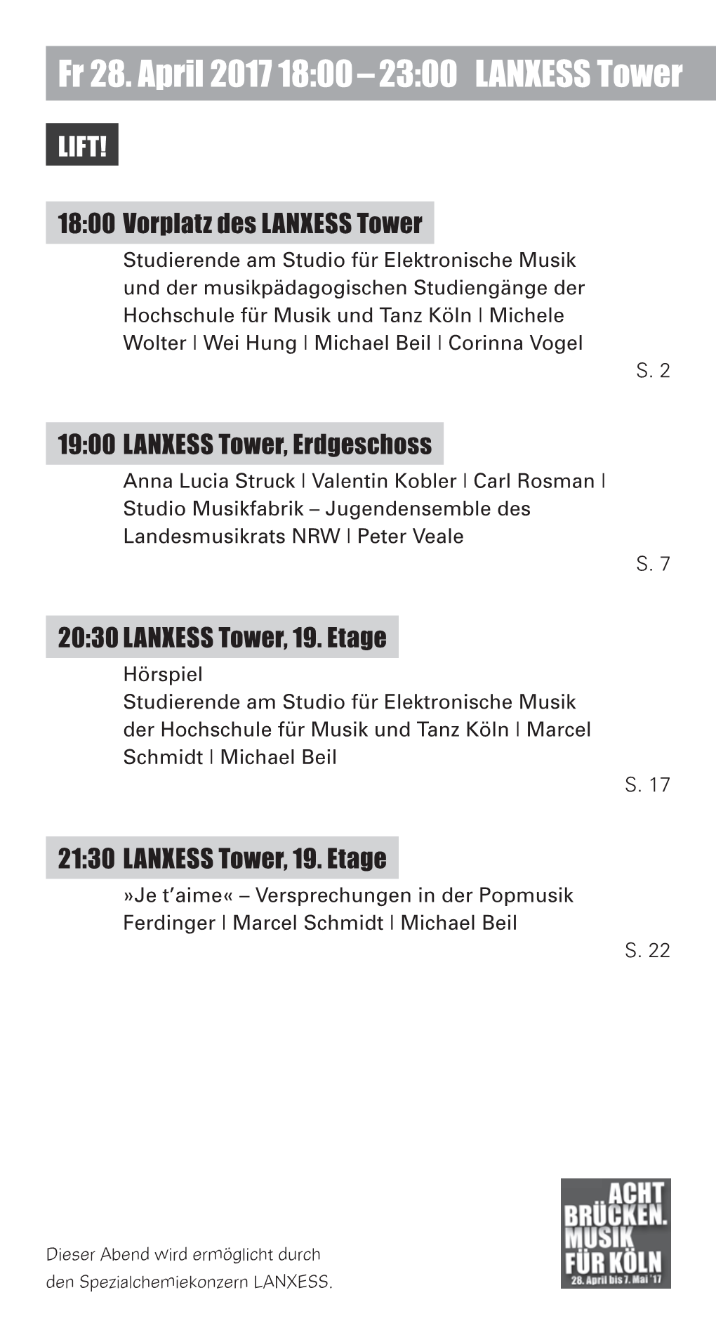 Fr 28. April 2017 18:00 – 23:00 LANXESS Tower