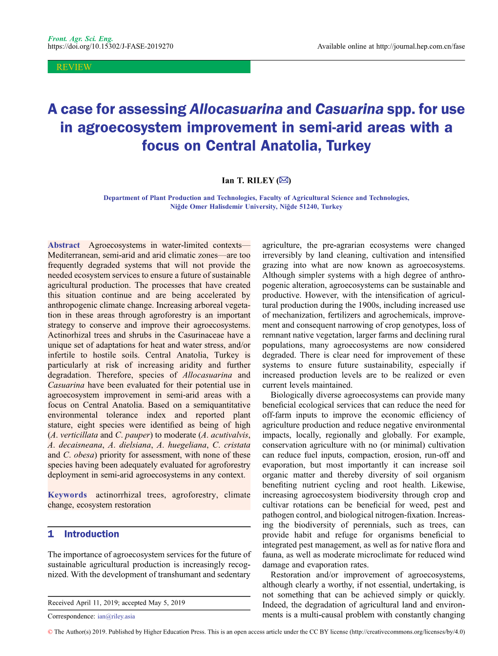 A Case for Assessing Allocasuarina and Casuarina Spp. for Use in Agroecosystem Improvement in Semi-Arid Areas with a Focus on Central Anatolia, Turkey