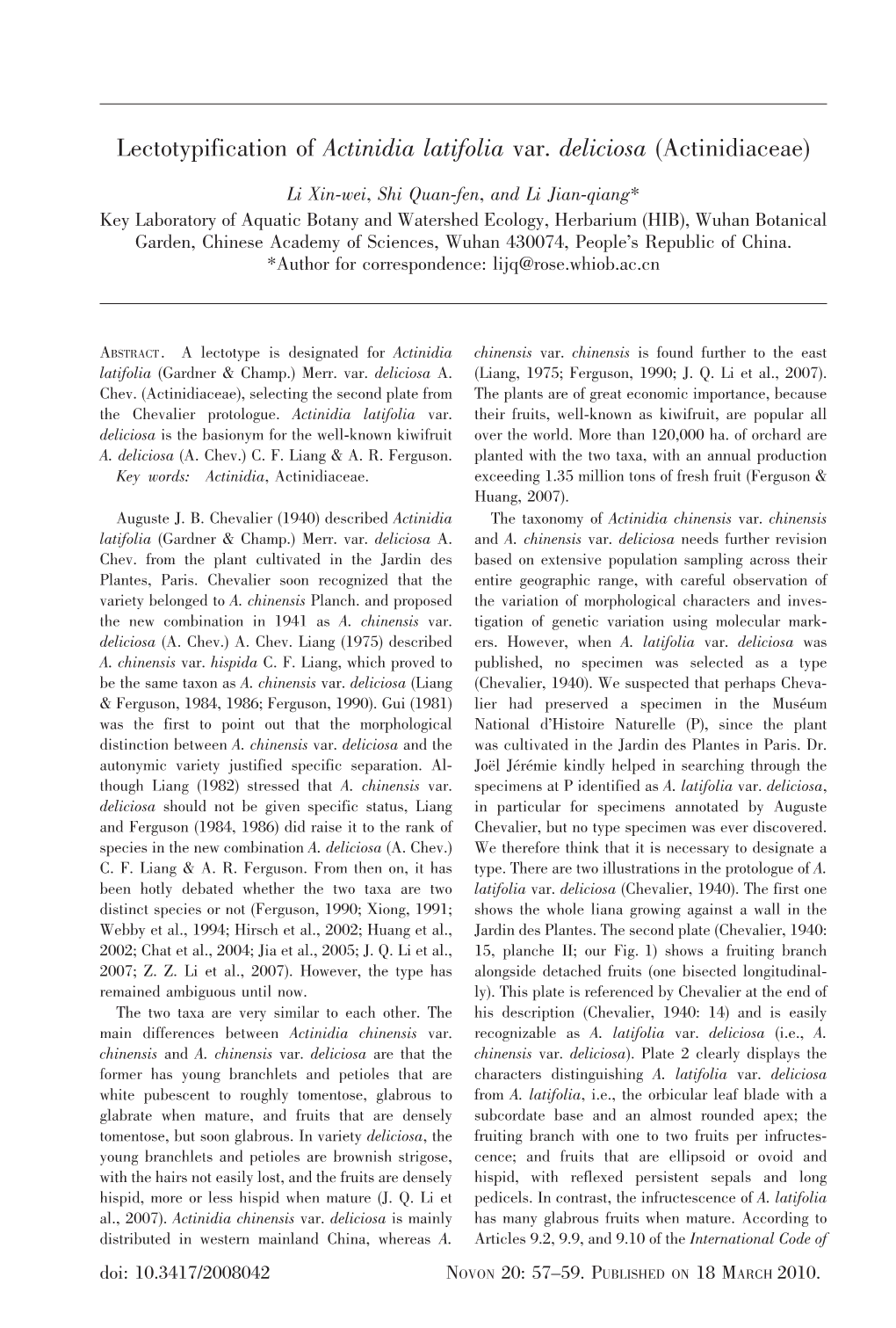 Lectotypification of Actinidia Latifolia Var. Deliciosa (Actinidiaceae)