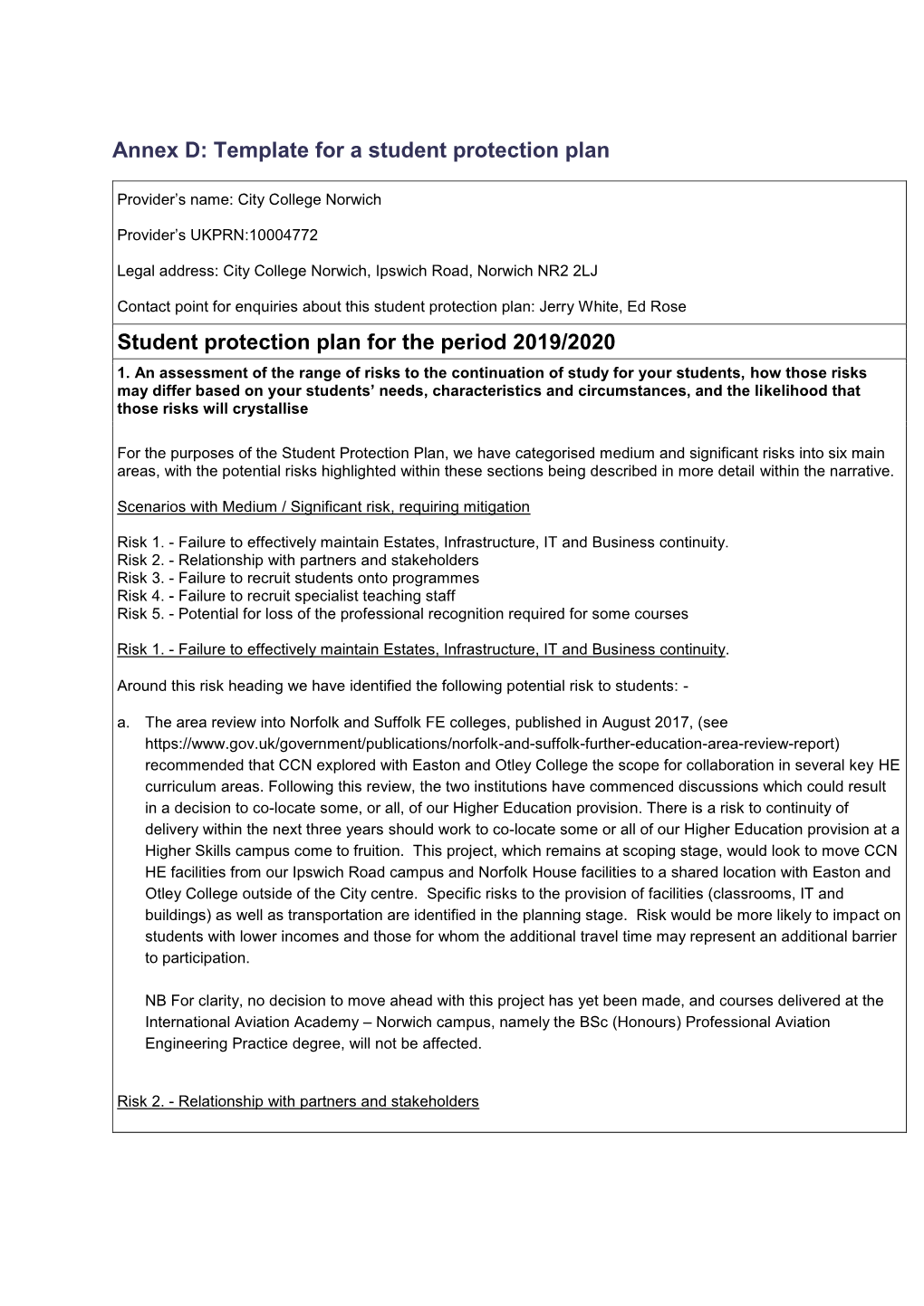 Annex D: Template for a Student Protection Plan