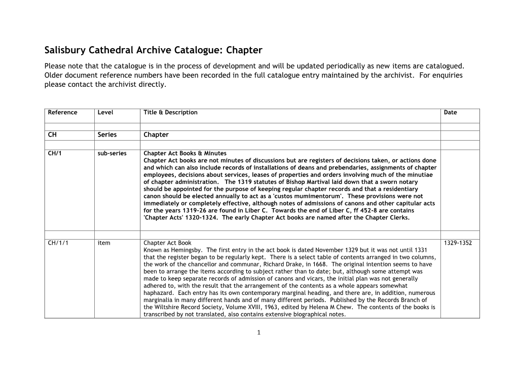 Salisbury Cathedral Archive Catalogue: Chapter