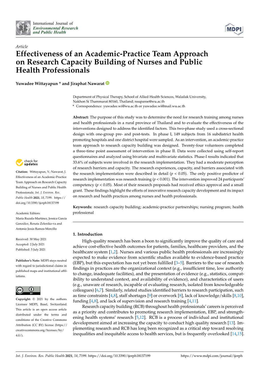 Effectiveness of an Academic-Practice Team Approach on Research Capacity Building of Nurses and Public Health Professionals