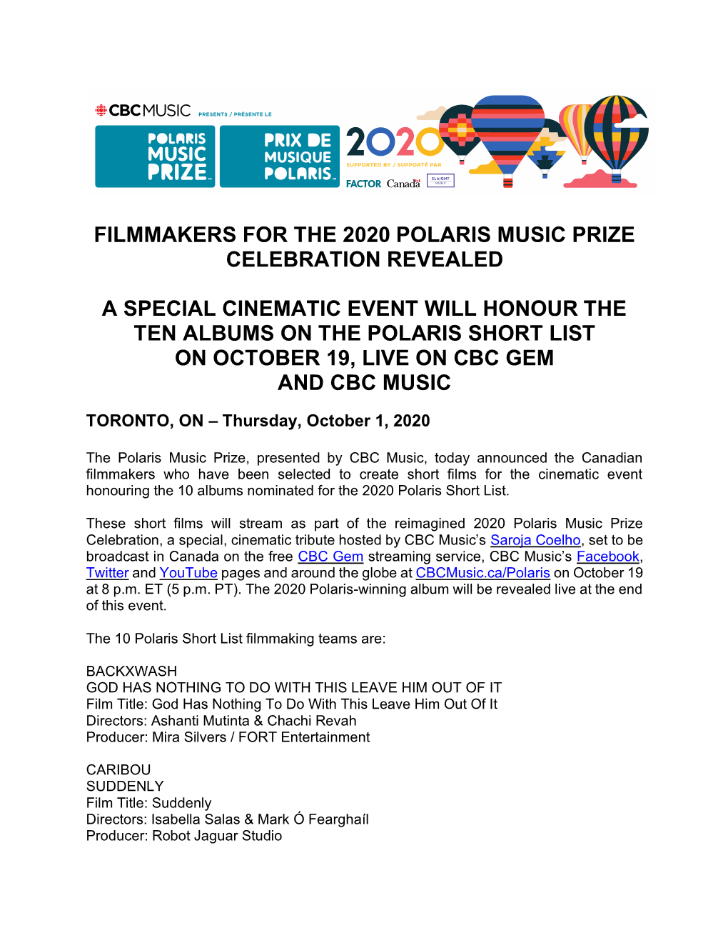 Filmmakers for the 2020 Polaris Music Prize Celebration Revealed