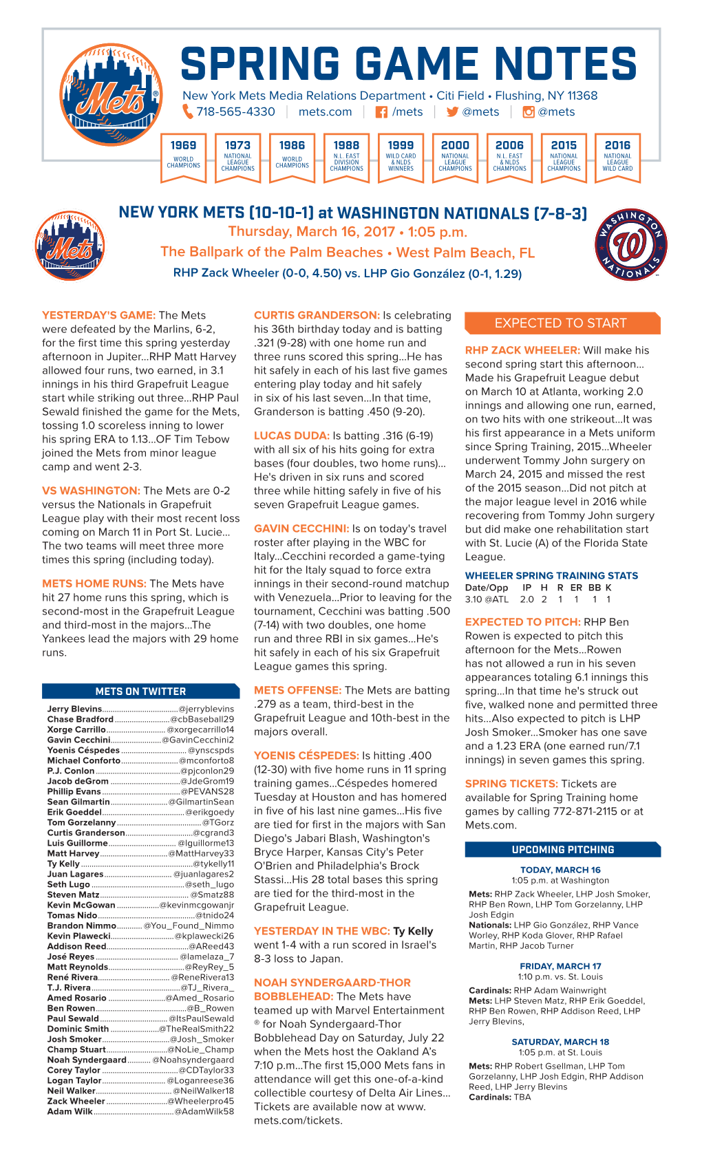 SPRING GAME NOTES New York Mets Media Relations Department • Citi Field • Flushing, NY 11368 718-565-4330 | Mets.Com | /Mets | @Mets | @Mets
