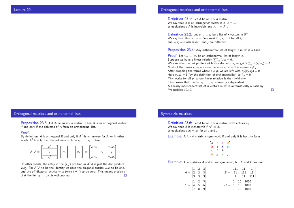 Lecture 20 Orthogonal Matrices and Orthonormal Lists