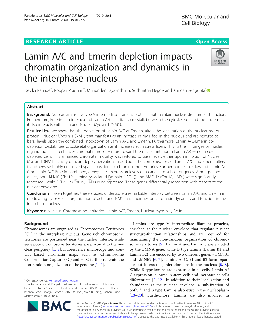 Lamin A/C and Emerin Depletion Impacts Chromatin Organization And