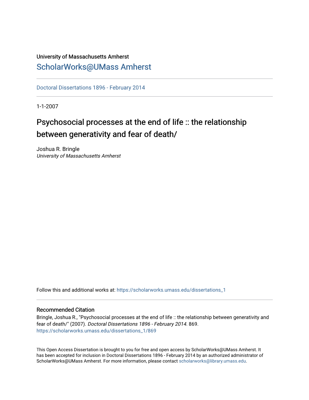 Psychosocial Processes at the End of Life :: the Relationship Between Generativity and Fear of Death