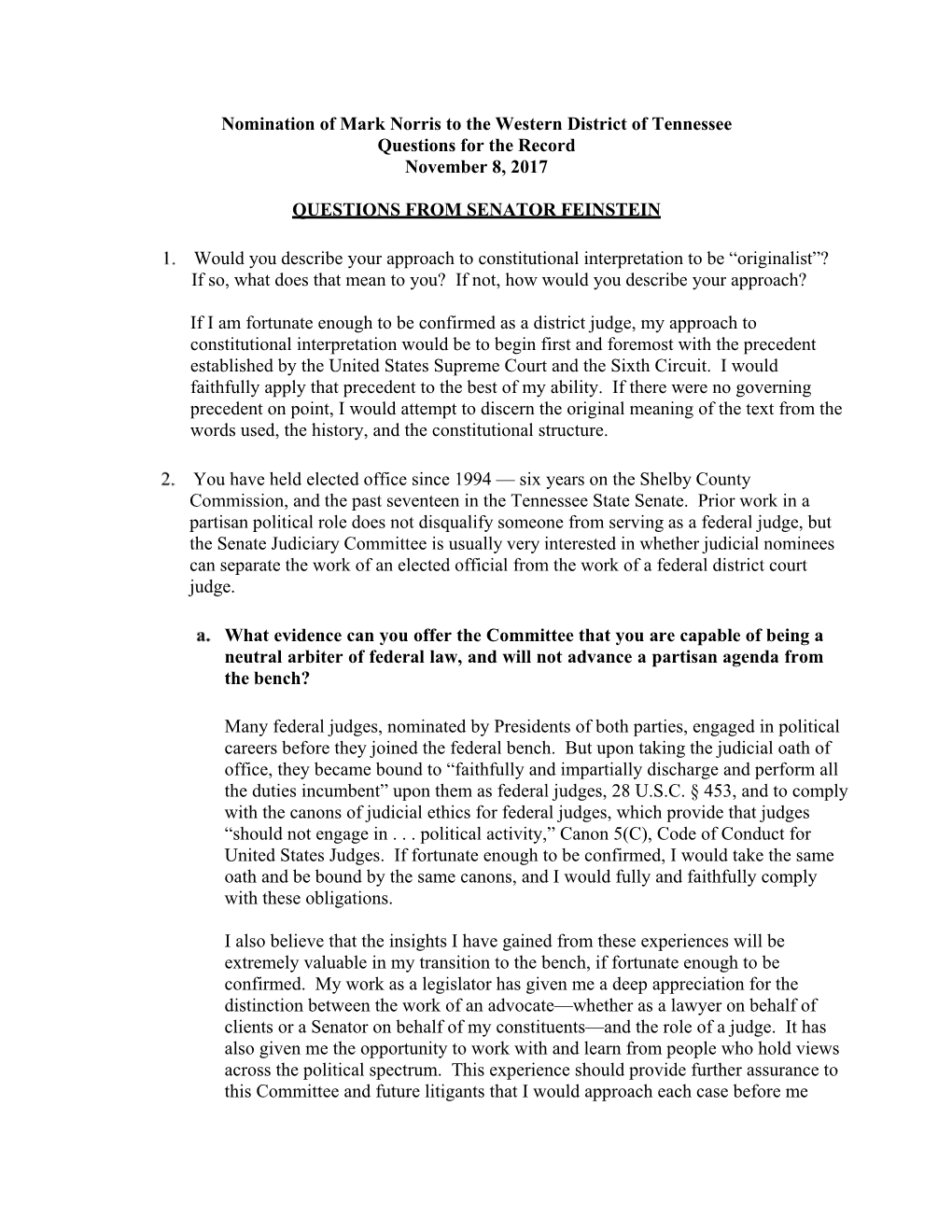 Nomination of Mark Norris to the Western District of Tennessee Questions for the Record November 8, 2017