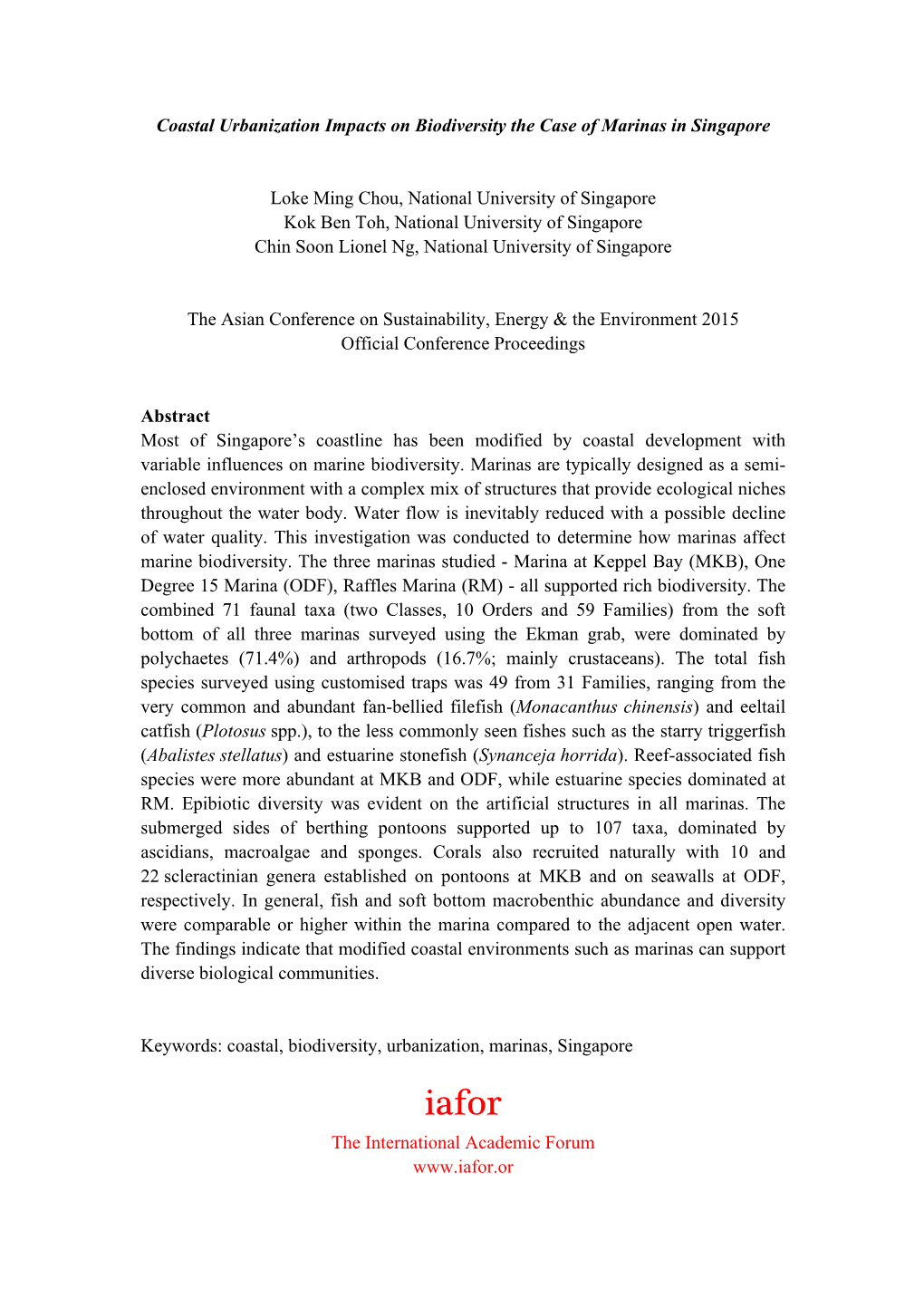 Coastal Urbanization Impacts on Biodiversity the Case of Marinas in Singapore