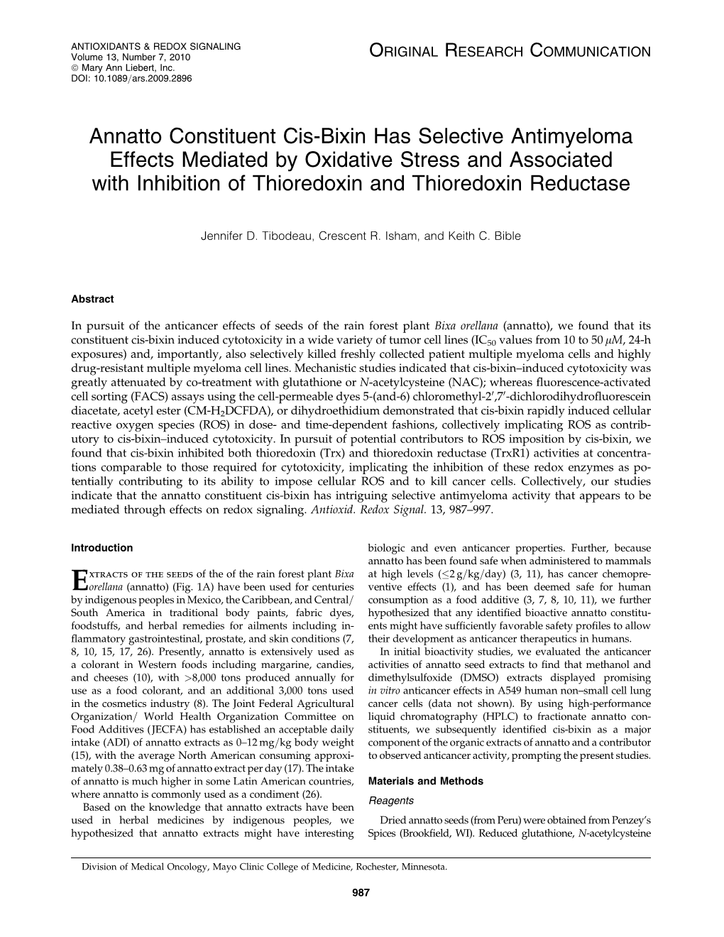 Annatto Constituent Cis-Bixin Has Selective Antimyeloma Effects Mediated by Oxidative Stress and Associated with Inhibition of Thioredoxin and Thioredoxin Reductase